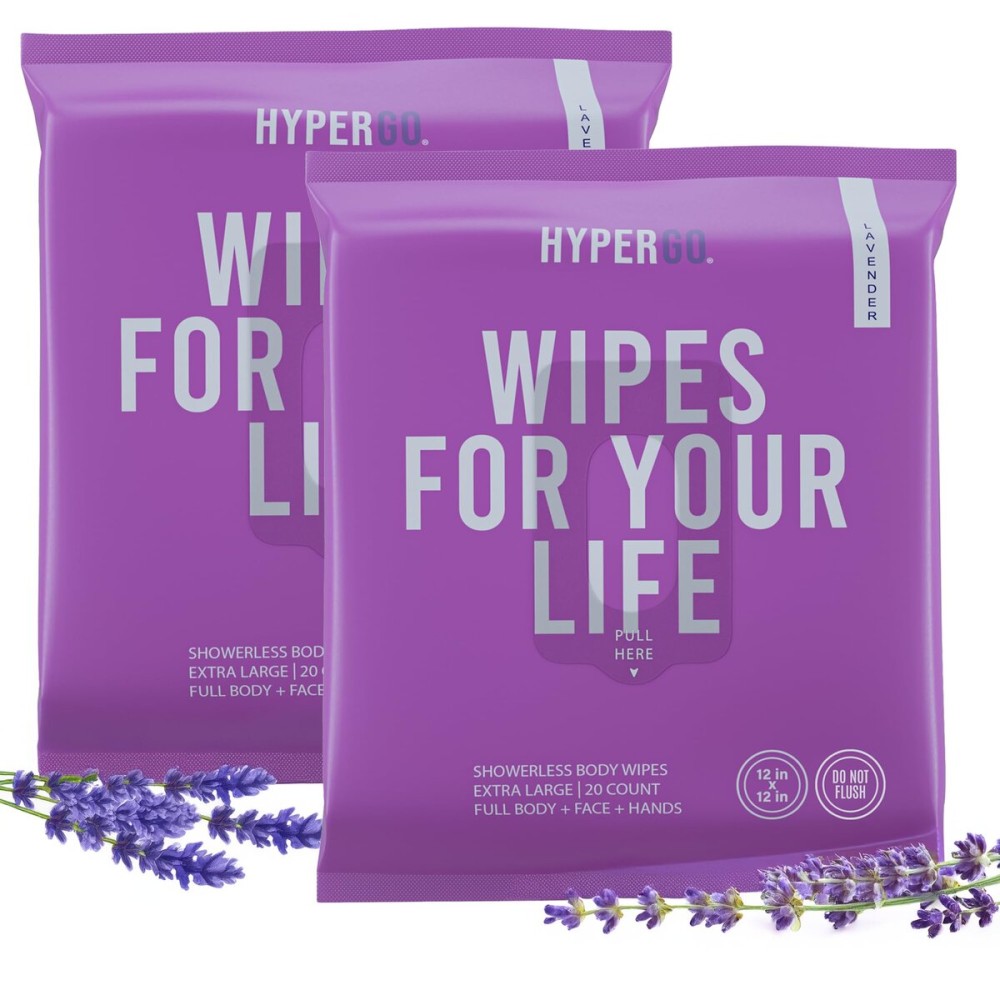 HyperGo XL Body Wipes for Women & Men - 12 x12 Rinse-Free Full Body Cleansing Wipes 2-20 Count Packs - Lavender | Biodegradable, Hypoallergenic, Aloe-Infused | Gym, Festival, Camping Essentials