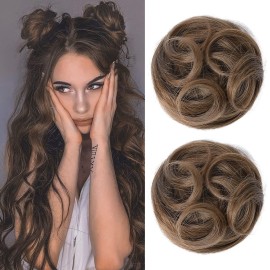 REECHO 2 PCS Mini Claw Clip in Messy & Cat Ears Hair Bun Extensions HB001 Wig Accessory Updo Hairpieces for Women Girls (Pack of 2-3.5 Wavy, Ginger Brown)