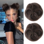 REECHO 2 PCS Mini Claw Clip in Messy & Cat Ears Hair Bun Extensions HB001 Wig Accessory Updo Hairpieces for Women Girls (Pack of 2-3.5 Wavy, Cool Dark Brown)