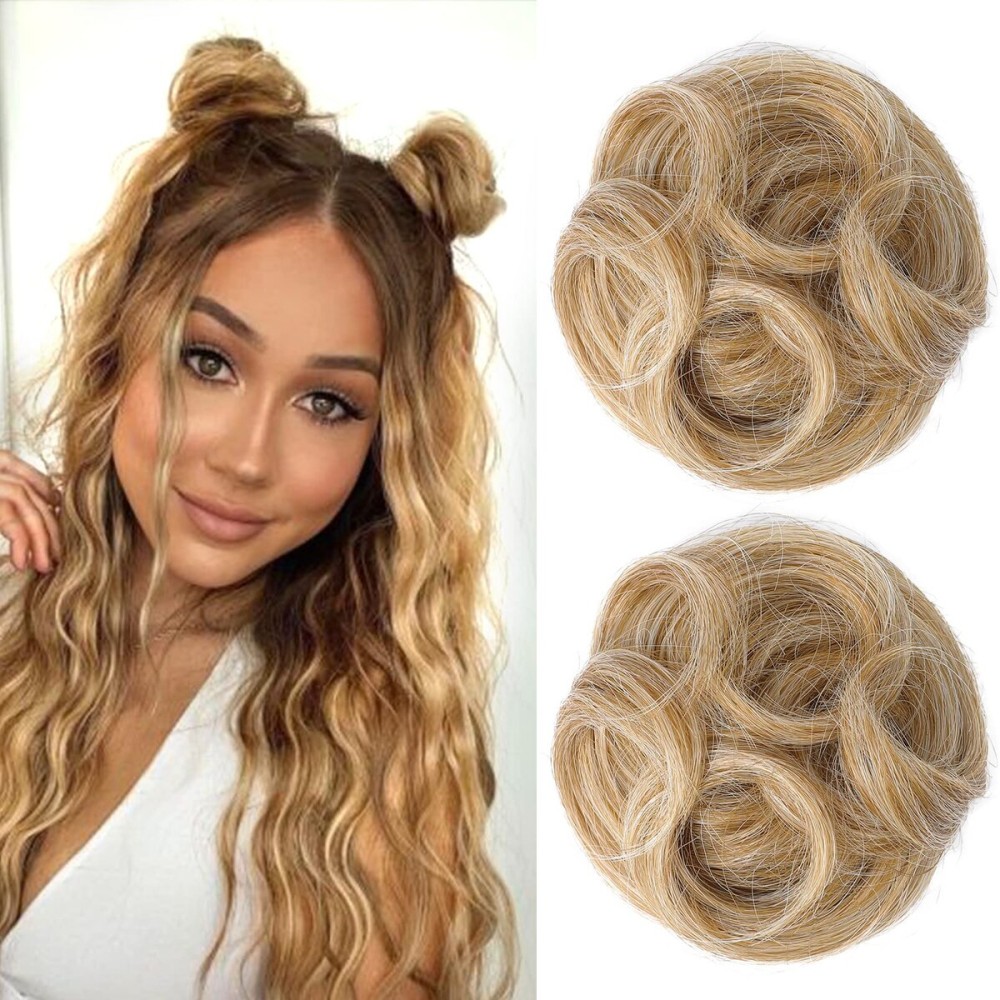 REECHO 2 PCS Mini Claw Clip in Messy & Cat Ears Hair Bun Extensions HB001 Wig Accessory Updo Hairpieces for Women Girls (Pack of 2-3.5 Wavy, Golden with Blonde Highlights)