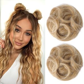 REECHO 2 PCS Mini Claw Clip in Messy & Cat Ears Hair Bun Extensions HB001 Wig Accessory Updo Hairpieces for Women Girls (Pack of 2-3.5 Wavy, Golden with Blonde Highlights)