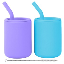 WeeSprout Silicone Baby Cups With Straws and Lids, 4 & 8 oz Options, Set of 2, Food Grade Toddler Training Container, Built In Straw Stoppers, Measurement Markings, Dishwasher Safe + Straw Cleaner