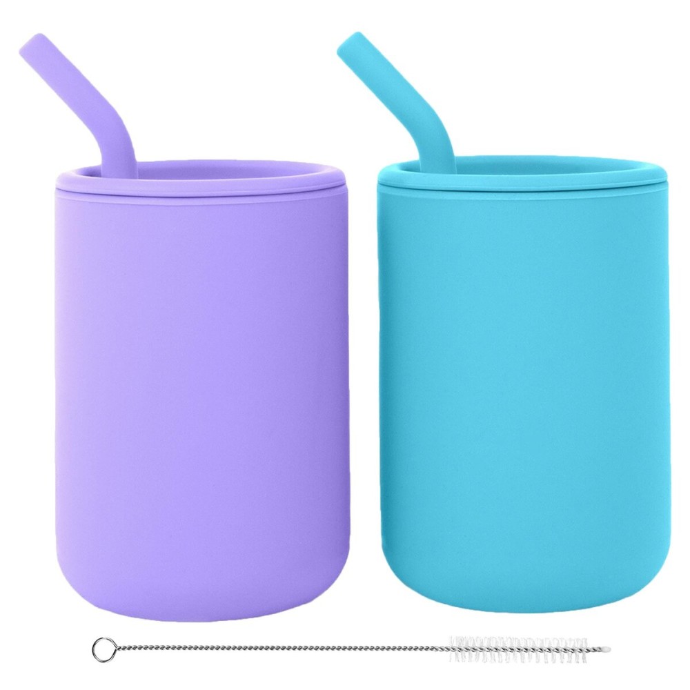 WeeSprout Silicone Baby Cups With Straws and Lids, 4 & 8 oz Options, Set of 2, Food Grade Toddler Training Container, Built In Straw Stoppers, Measurement Markings, Dishwasher Safe + Straw Cleaner