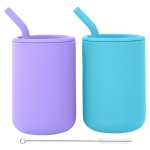 WeeSprout Silicone Baby Cups With Straws and Lids, 4 & 8 oz Options, Set of 2, Food Grade Toddler Training Container, Built In Straw Stoppers, Measurement Markings, Dishwasher Safe + Straw Cleaner