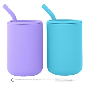WeeSprout Silicone Baby Cups With Straws and Lids, 4 & 8 oz Options, Set of 2, Food Grade Toddler Training Container, Built In Straw Stoppers, Measurement Markings, Dishwasher Safe + Straw Cleaner