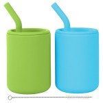 WeeSprout Silicone Baby Cups With Straws and Lids, 4 & 8 oz Options, Set of 2, Food Grade Toddler Training Container, Built In Straw Stoppers, Measurement Markings, Dishwasher Safe + Straw Cleaner