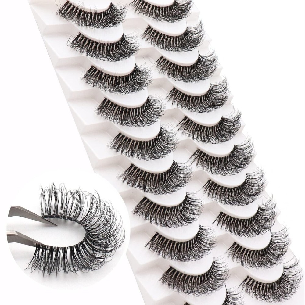 Veleasha Russian Strip Lashes with Clear Band Looks Like Eyelash Extensions D Curl Lash Strips 10 Pairs Pack (DT02)