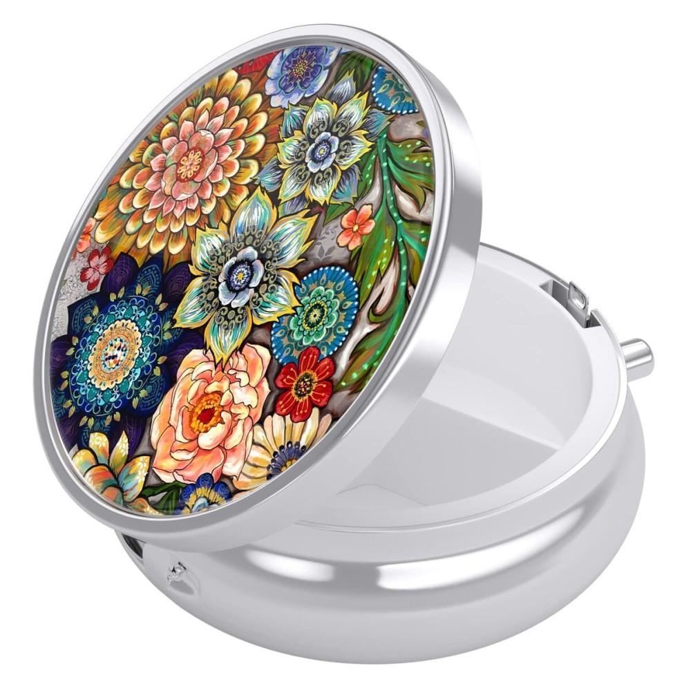 Nipichsha Pill Box, Small Pill Case for Purse & Pocket, Cute Travel Medicine Organizer, Portable Medicine Container Holder to Hold Vitamins, Medication, Fish Oil & Supplement, Mandala Flower