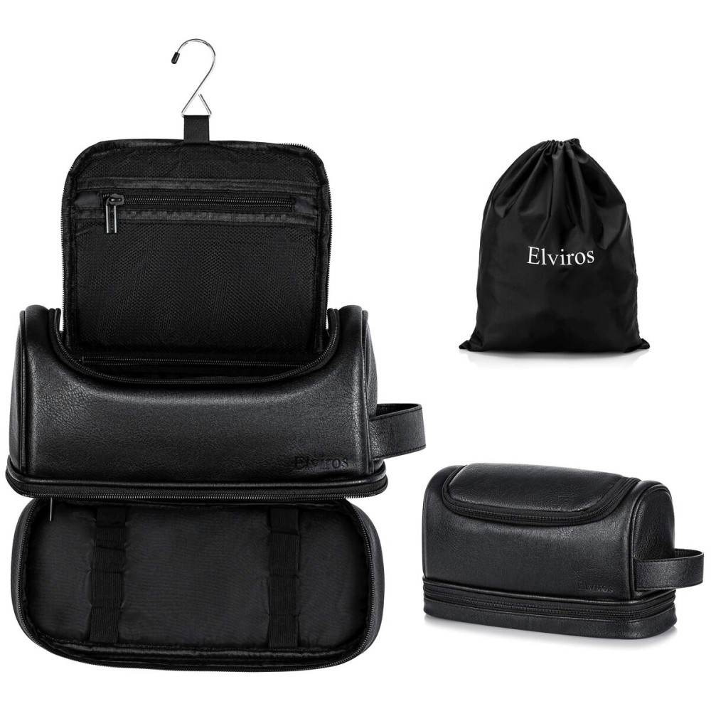 Elviros Toiletry Bag for Mens PU Leather Travel Organizer Kit with Hanging hook, Large Water-resistant Toiletries Bathroom Shaving Bags(Extra Large, Black)