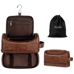 Elviros Toiletry Bag for Mens PU Leather Travel Organizer Kit with Hanging hook, Large Water-resistant Toiletries Bathroom Shaving Bags (Extra Large, Dark Brown)