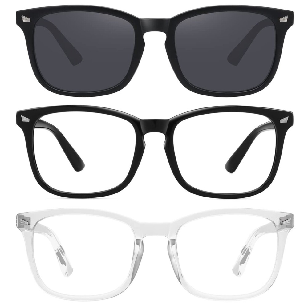 MEETSUN 3-Pack Blue Light Blocking Glasses, Anti Eye Strain Headache (Sleep Better), Computer Glasses UV400 Lens (Black + Clear + Matte Black Frame/Grey Lens)