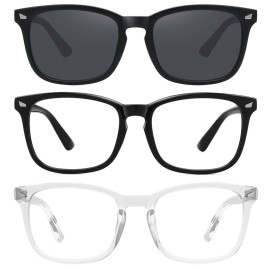 MEETSUN 3-Pack Blue Light Blocking Glasses, Anti Eye Strain Headache (Sleep Better), Computer Glasses UV400 Lens (Black + Clear + Matte Black Frame/Grey Lens)