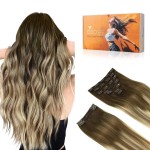 DOORES Clip in Human Hair Extensions - Balayage Walnut Brown to Ash Brown and Bleach Blonde, 150g 9pcs 16 Inch, Real Thick Straight Natural Hair