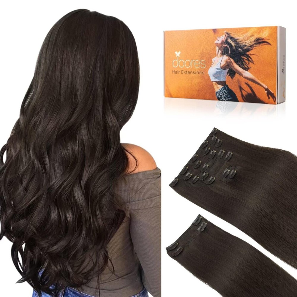 DOORES Clip in Human Hair Extensions, Dark Brown 150g 9pcs 14 Inch, Real Remy Straight Thick Hair