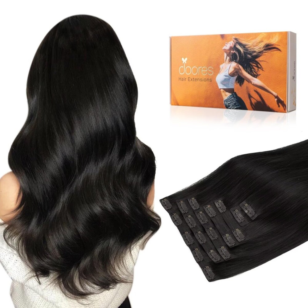 DOORES Real Human Hair Extensions, Natural Black 16 Inch 7 pcs 110g, Seamless Clip in Hair Extensions with Straight Invisi Edge