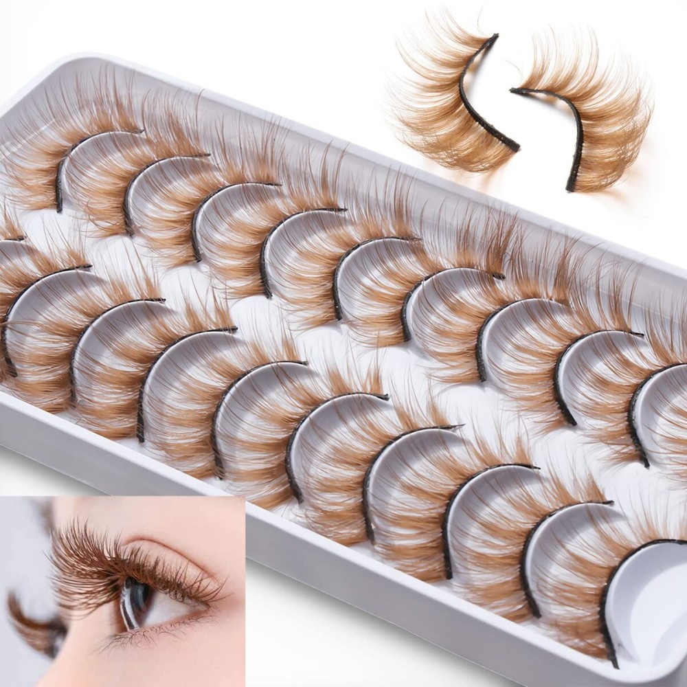 outopen 10 Pairs Brown Eyelashes Blonde Colored Lashes Wispy Halloween Eye Lashes Cosplay Makeup Natural Looking Masquerade Party Eyelashes Extension Tool
