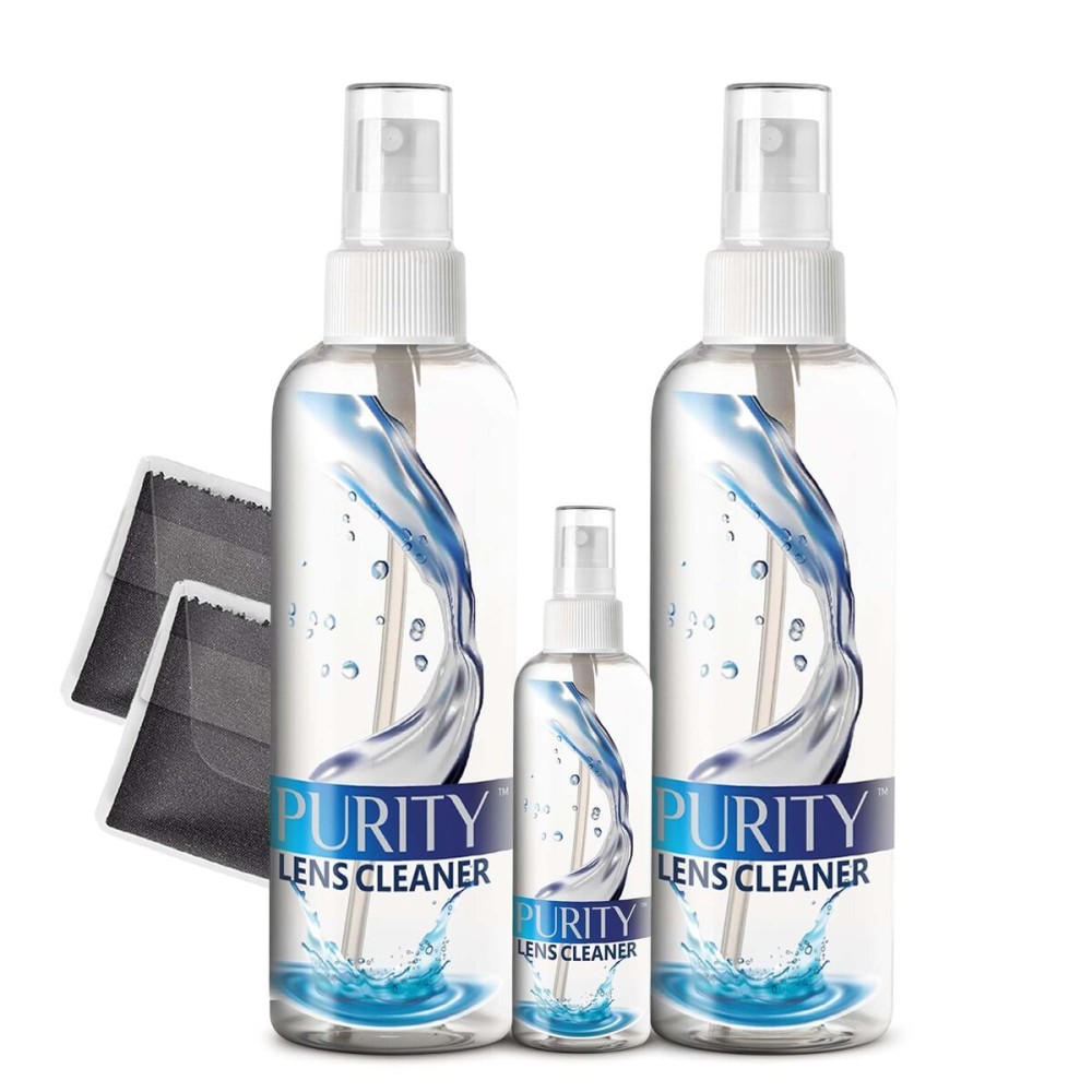 Purity Eyeglass Lens Cleaner Kit - 2 x 8oz and 1 x 2oz Lens Cleaner Spray Bottle + 2 Microfiber Cleaning Cloths - Safe for All Lenses (AR Coated Included), Eyeglasses and Screens - Clear