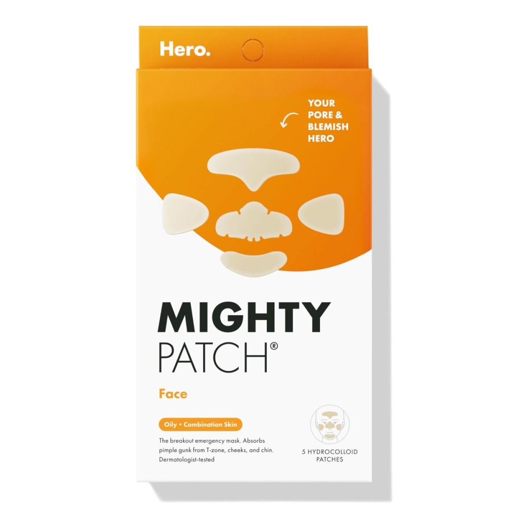 Hero Cosmetics Mighty Patch Face Patch - XL Hydrocolloid Face Mask for Acne, 5 Large Pimple Patches for Zit Breakouts on Nose, Chin, Forehead & Cheeks (1 Count)