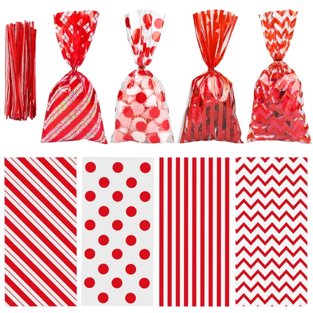 Aneco 100 Pack Red Cellophane Bags 10.6 x 5.1 Inch Plastic Candy Bags Gift Bags Goodie Bags with Twist Ties for Valentine, Birthday, Gift Cookie Snack Packing Party Favor Supplies