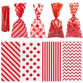 Aneco 100 Pack Red Cellophane Bags 10.6 x 5.1 Inch Plastic Candy Bags Gift Bags Goodie Bags with Twist Ties for Valentine, Birthday, Gift Cookie Snack Packing Party Favor Supplies