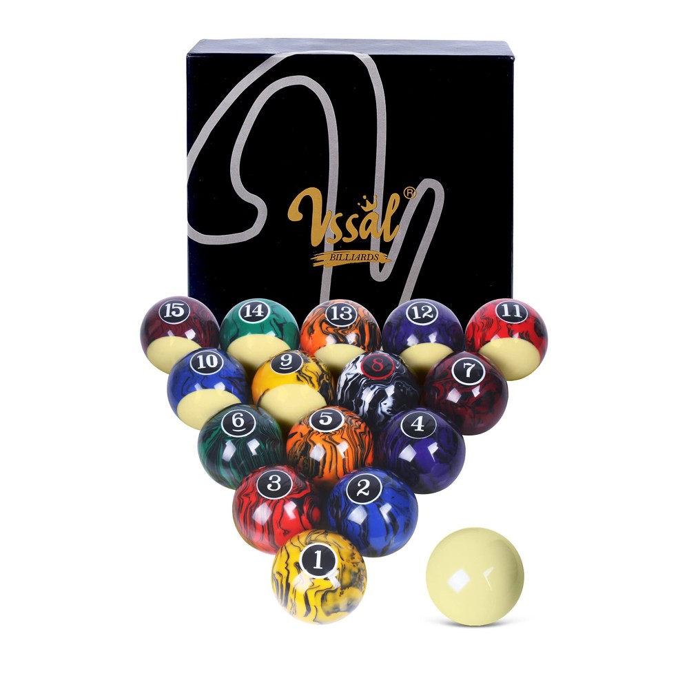 VSSAL Premium Pro Resin Billiard Balls Set Pool Table Balls Marble-Swirl Style 2-1/4 Regulation Size Complete 16 Ball Set (Super Durable AAA-Grade)