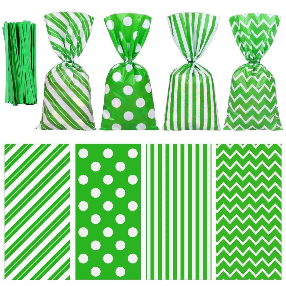 Aneco 100 Pack Green and White Cellophane Bags 10.6 x 5.1 Inch Plastic Candy Bags Gift Bag Goodie Bag with Twist Ties for Valentine, Birthday, Gift Cookie Snack Packing Party Favor Supplies