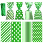 Aneco 100 Pack Green and White Cellophane Bags 10.6 x 5.1 Inch Plastic Candy Bags Gift Bag Goodie Bag with Twist Ties for Valentine, Birthday, Gift Cookie Snack Packing Party Favor Supplies