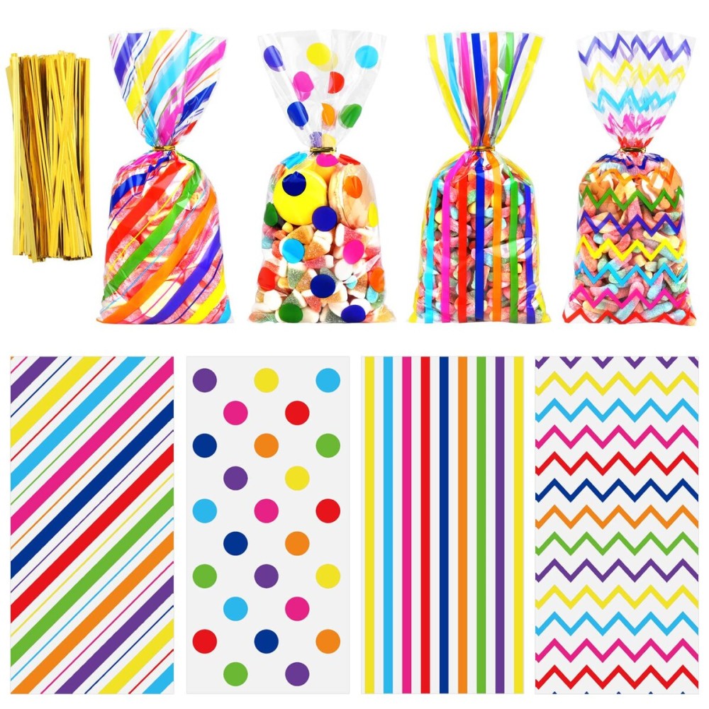 Aneco 100 Pack Rainbow Cellophane Bags 10.6 x 5.1 Inch Plastic Candy Bags Gift Bags Goodie Bags with Twist Ties for Valentine, Birthday, Gift Cookie Snack Packing Party Favor Supplies