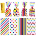 Aneco 100 Pack Rainbow Cellophane Bags 10.6 x 5.1 Inch Plastic Candy Bags Gift Bags Goodie Bags with Twist Ties for Valentine, Birthday, Gift Cookie Snack Packing Party Favor Supplies