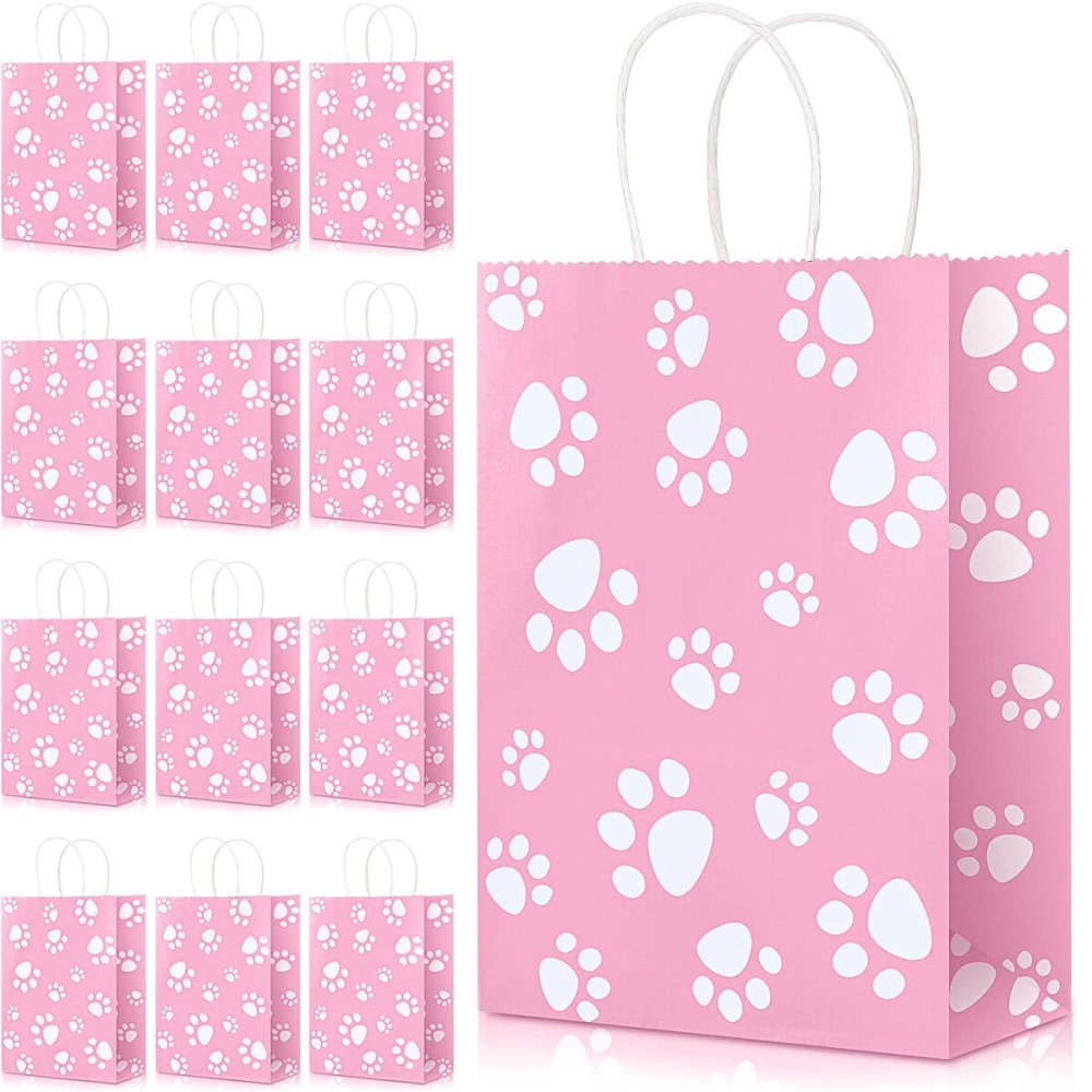 Blulu 20 Pcs Puppy Dog Paw Gift Bags with Paper Twist Handles, Dog Gift Paper Paw Treat Goodie Bags for PET Treat Party Favor, 6.3 x 3.1 x 8.6 Inch(Pink Backing)