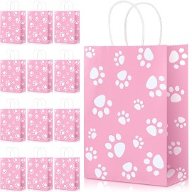 Blulu 20 Pcs Puppy Dog Paw Gift Bags with Paper Twist Handles, Dog Gift Paper Paw Treat Goodie Bags for PET Treat Party Favor, 6.3 x 3.1 x 8.6 Inch(Pink Backing)
