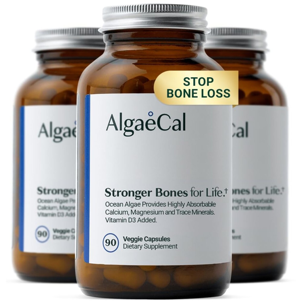 ALGAECAL - Plant Based Calcium Supplement with Vitamin D3 (1000 IU) for Bone Strength, Contains 13 Minerals Supporting Bone Health, Organic Calcium (750 mg) for Women & Men, 90 Caps, 3 Month Supply