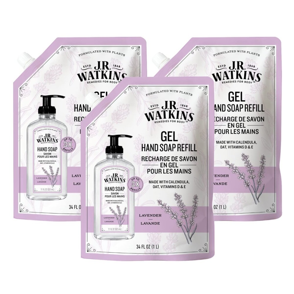 J.R. Watkins Gel Hand Soap Refill, Moisturizing Hand Wash, Alcohol-Free, Cruelty-Free, Lavender, 34 Fl Oz (Pack of 3)