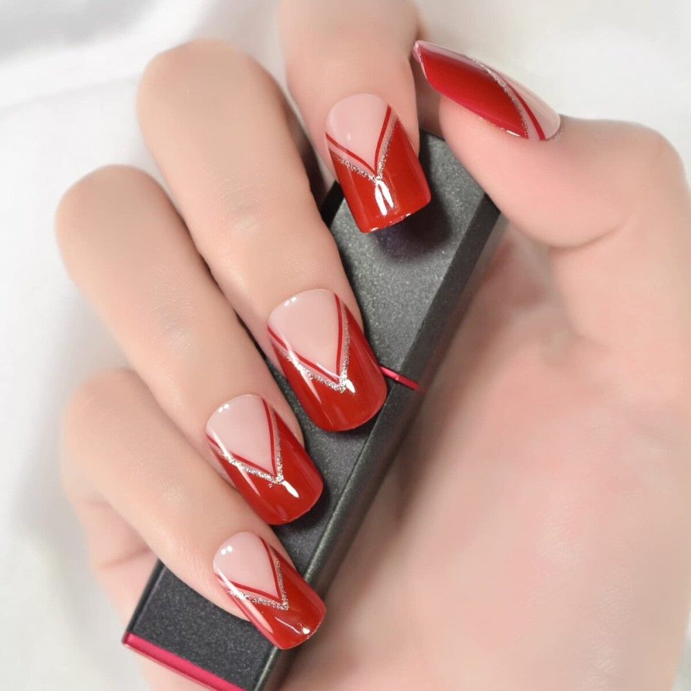 Medium Long Squoval Glossy French Press on Fake Nail Tips Bright Rose Red with V Line Glitter Salon False Nails for DIY Nail Art at home