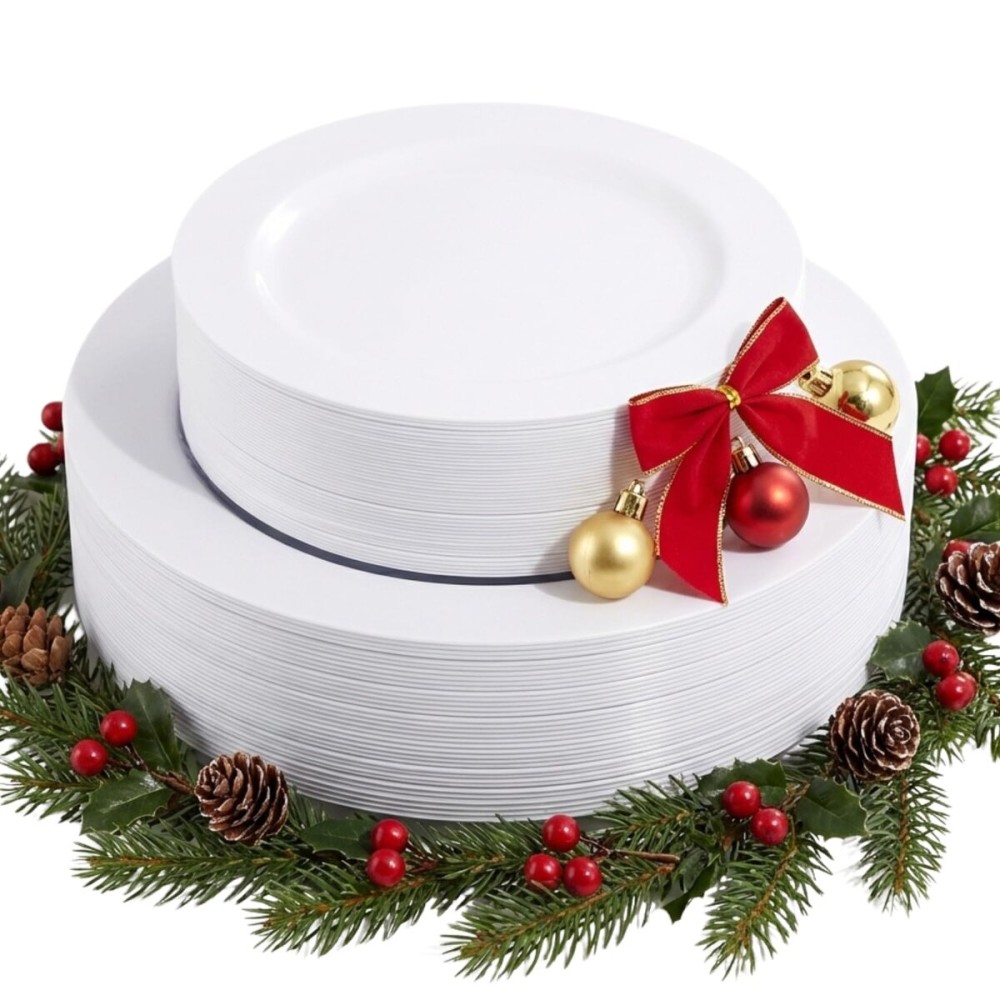 FLOWERCAT 60PCS White Plastic Plates - Heavy Duty White Disposable Plates for Christmas/New Year Party/Wedding -serve for 30 guests Include 30PCS 10.25 & 30PCS 7.5 Plates for Party