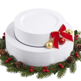 FLOWERCAT 60PCS White Plastic Plates - Heavy Duty White Disposable Plates for Christmas/New Year Party/Wedding -serve for 30 guests Include 30PCS 10.25 & 30PCS 7.5 Plates for Party