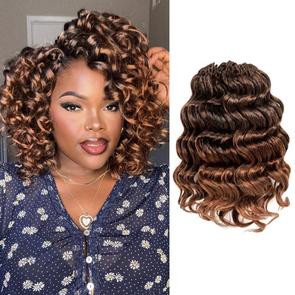 ToyoTress Ocean Wave Crochet Hair - 9 Inch 8 Packs Ombre Brown Short Curly Hair Ocean Wave Braiding Hair, Synthetic Hair Extensions (9 Inch, T30-8P)