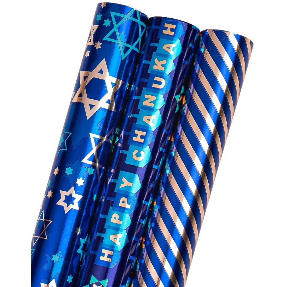 MAYPLUSS Wrapping Paper Roll - Mini Roll 17in *120in Per roll 3 Rolls Gift Wrapping Paper Hanukkah Design,Menorahs, Star of David, Letter Hanukkah for Chanukah Celebration (42.3 sq.ft.ttl)