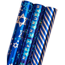 MAYPLUSS Wrapping Paper Roll - Mini Roll 17in *120in Per roll 3 Rolls Gift Wrapping Paper Hanukkah Design,Menorahs, Star of David, Letter Hanukkah for Chanukah Celebration (42.3 sq.ft.ttl)