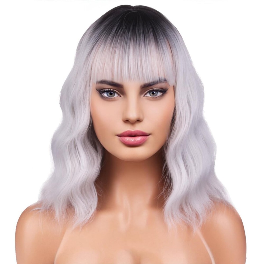 BERON 14 Inches Silver Wig for Women Silver Gray Wig Short Curly Synthetic Wigs with Bangs Ombre Grey Wigs Hairnet Include