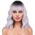 BERON 14 Inches Silver Wig for Women Silver Gray Wig Short Curly Synthetic Wigs with Bangs Ombre Grey Wigs Hairnet Include