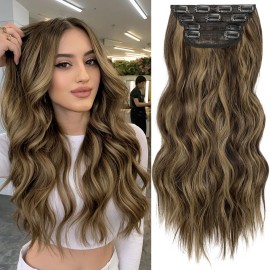 KooKaStyle Clip in Synthetic Highlight Hair Extensions Long Wavy 4PCS Thick Hairpieces Balayage Chocolate Brown to Caramel Blonde Fiber Double Weft Natural Hair Extensions 20 Inch for Women