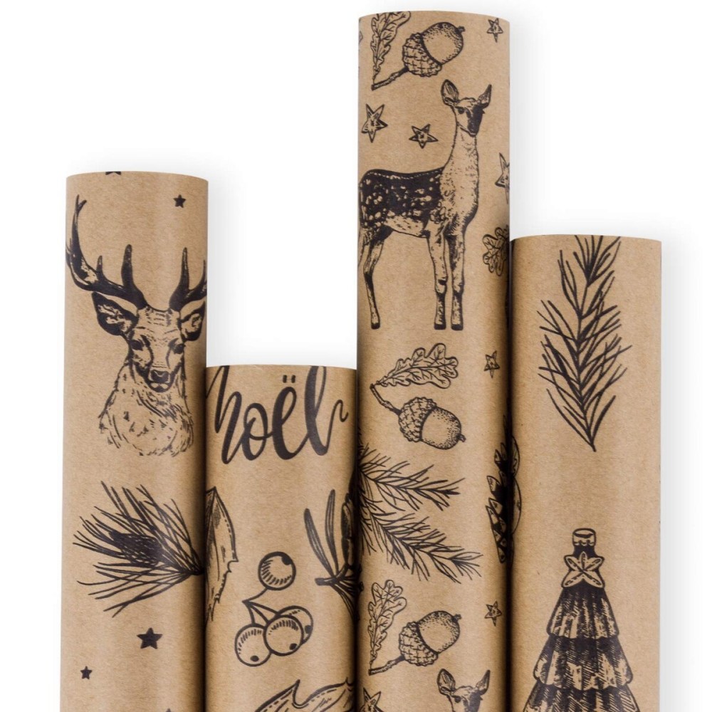 RUSPEPA Christmas Wrapping Paper, Kraft Paper - Snowflake, Snowman, Red Truck and Christmas Tree - 4 Rolls - 30 inches x 10 feet per Roll