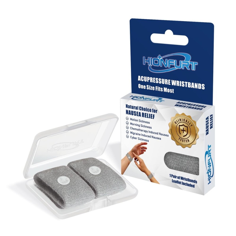 Hionfurt Motion Sickness Bands Anti Nausea Wristband for Adult and Kids Morning Sickness Relief for Pregnant Women Acupressure Nausea Relief for Car, Sea, Air Sickness - 1 Pair Grey