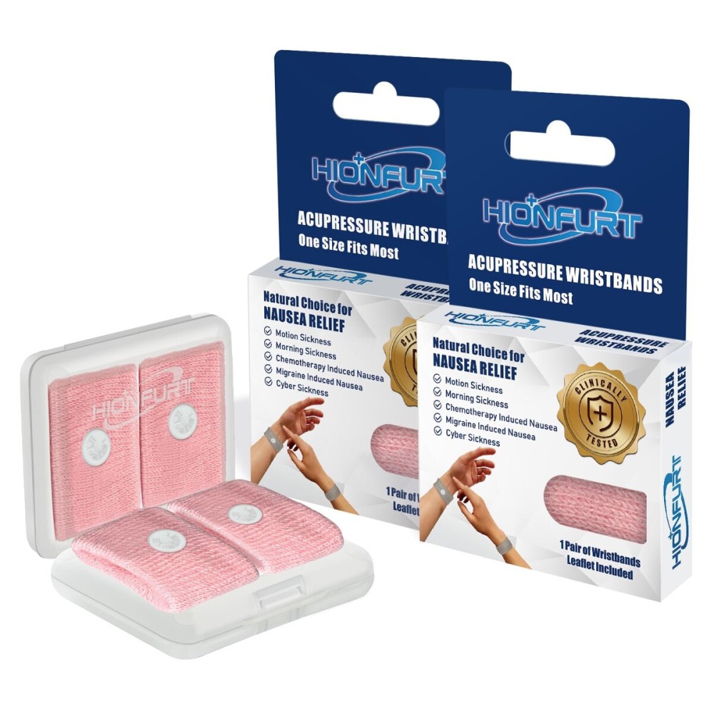 Hionfurt Motion Sickness Bands Anti Nausea Wristband for Adult and Kids Morning Sickness Relief for Pregnant Women Acupressure Nausea Relief for Car, Sea, Air Sickness - 2 Pairs Pink, Pink