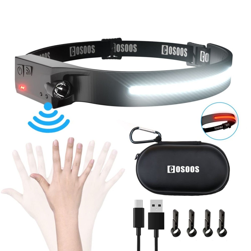 COSOOS LED Headlamp Rechargeable Flashlight with Red Light & Carry Case, 1000 Lumen Bright Headlamp Wide Beam & Spot Light,Sensor Mode,2.4 oz Lightweight Headlight for Hardhat, Camping Essential