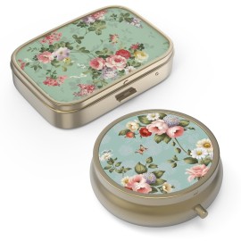 Pill Case Pill Box with Mirror Retro Small Pill Case for Purse or Pocket Bronze Pill Box or Vitamins, Fish Oil, Supplements, Pill Containe Travel Gifts2PCS