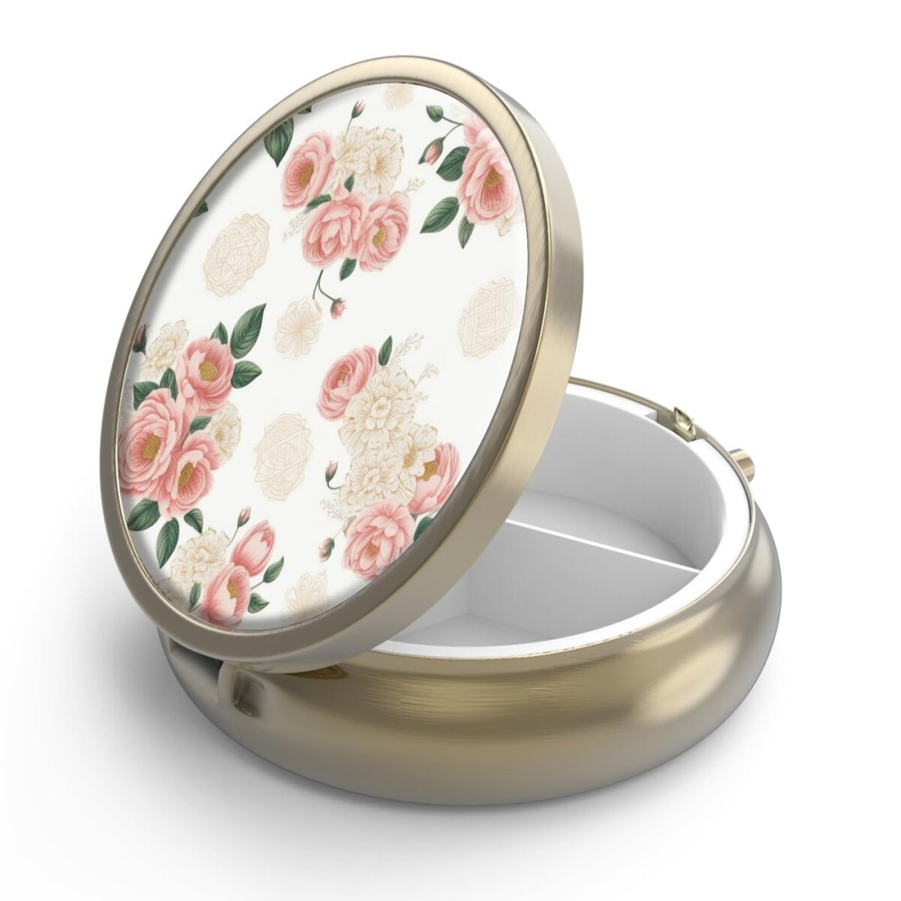 Pill Case Pill Box with Mirror Retro 3 Compartment Small Pill Case for Purse or Pocket Bronze Small Roud Pill Box or Vitamins, Fish Oil, Supplements, Pill Containe Travel GiftsRetro Pink Floral