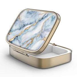 Pill Case Pill Box with Mirror Retro 2 Compartment Small Pill Case for Purse or Pocket Bronze Rectangular Pill Box or Vitamins, Fish Oil, Supplements, Pill Containe Travel GiftsWhite Blue Marble