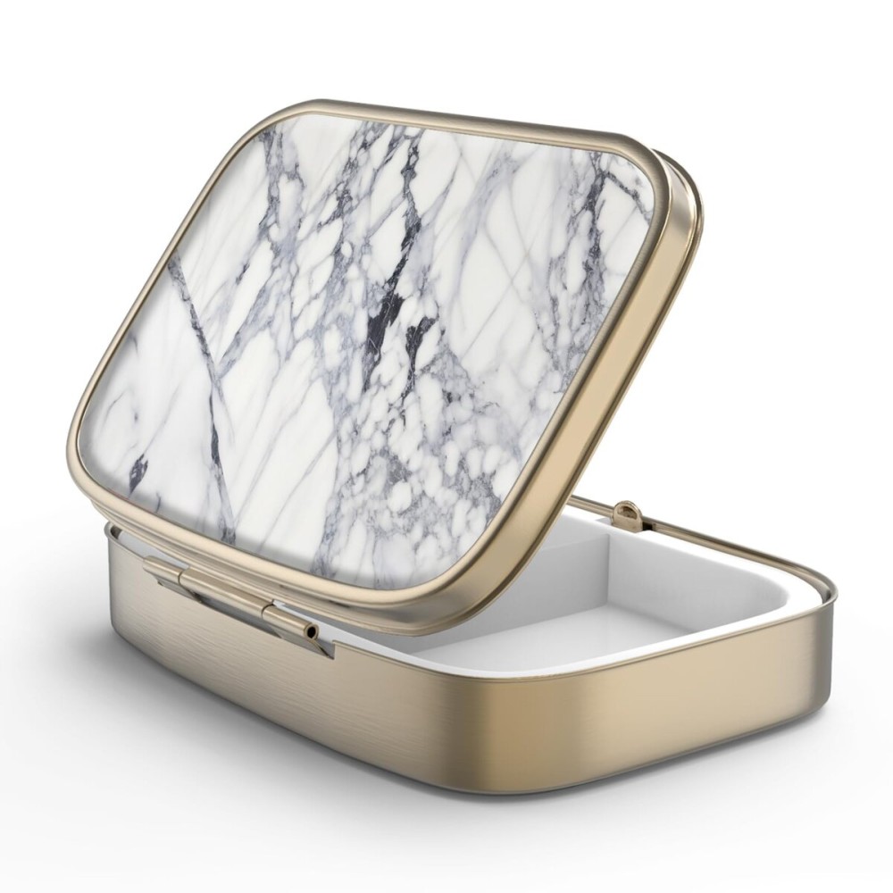 Pill Case Pill Box with Mirror Retro 2 Compartment Small Pill Case for Purse or Pocket Bronze Rectangular Pill Box or Vitamins, Fish Oil, Supplements, Pill Containe Travel GiftsWhite Marble